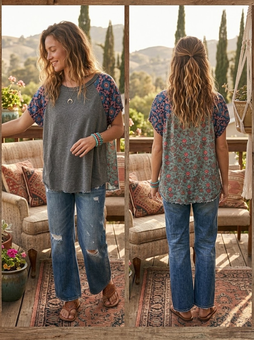 NATURAL LIFE BOHOGray Top with Blue and Pink Floral Raglan Sleeves Raw Hem SZ M